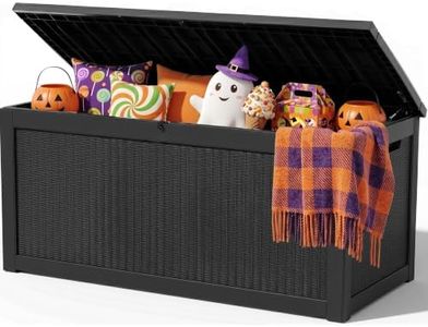 Outdoor Storage Box, 420 Gallon Waterproof Resin Deck Box with Support Rod | UV Resistant Lockable Package Delivery Bin, Shoe, Patio & Garden Tools Storage, Toy Cabinet, Ottoman, Indoor/Outdoor
