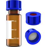 2ml HPLC Vial, Autosampler Vial, Alberts Filter Amber Lab Vial, Sample Vial with Writing Area, 9-425 Screw-Thread Vial, Blue Screw Cap with Hole, White PTFE & Red Silicone Septa 100 Pack