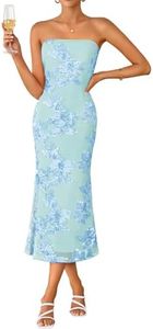 ZESICA Women's Summer Strapless Floral Midi Dress 2026 Bodycon Mesh Tube Wedding Guest Cocktail Party Formal Dresses LightBlue X-Large