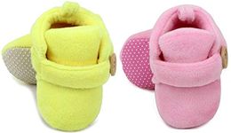 superminis Baby Girls And Baby Boys Velvet Soft Base Booties/Shoes With Wooden Button, Pack of 2 (6-12 Months, Pink And Lemon)