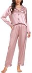 Vlazom Pyjamas for Women, Soft Satin Long Sleeve Pjs Set Two Piece Silk Pyjamas Classic Button Down Sleepwear Loungewear for All Seasons Rose Pink,M