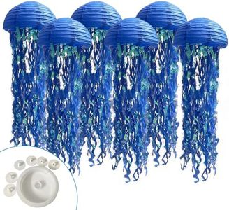 Jelly Fish Paper Lanterns, Under The Sea Party Decortions, 6pcs Lantern with Rope&Hooks for Mermaid Underwater World Ocean Themed Birthday Party Baby Shower Decor (deep Blue)