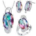 Uloveido Bridal Oval Rainbow Stone Infinity Rings Necklace Pendant and Earrings White Gold Plated Jewellery Set for Girls Friend Mom T472