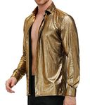 PJ PAUL JONES Mens Shiny Metallic Dress Shirt Button Down 70s Disco Shirt Costume Gold L