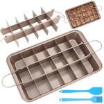 Brownie Tin & Silicone Brush Set, Brownie Tray with 18-Lattice Removable Dividers, Thickened Carbon Steel & Non Stick, Professional Brownie Bakeware for Baking/Precut/Slices, 31x20x4.1CM, (Gold)