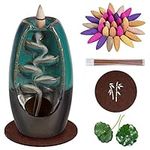 Waterfall Incense Holder Backflow Inscent Cone Burner Handcraft Ceramic Water Fall Smoke Fountain with 60 Cones 1 Mat 2 Lotus Leaf 1 Cloth Blue