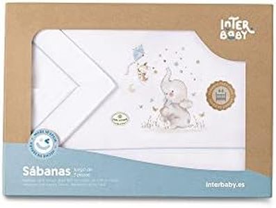 Juego De Sábanas para Cuna 60 x 120 cm, Bebe Primavera y Otoño Tipo 100% Algodón Extrasuave Fafricado en España-INTERBABY(Bajera+encimera+Funda Almohada)-Elefante Blanco/Azul