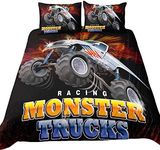 Suncloris,3D Monster Truck Home Bedding,Flying Monster Truck Against Dark Crazy Monster Truck Duvet Cover Sets.Included: Duvet Cover,Pillowcase(no Comforter Inside) (Full)