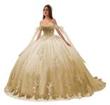 LuxeEspy Puffy Quinceanera Dresses with Sleeves Champagne Off Shoulder Ball Gown vestido de 15 años Crinolinas Dresses for Quinceanera Luxury Sweet 16 Dresses Size 4