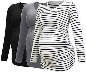 Smallshow Women's V-Neck Maternity Shirt Clothes Long Sleeve Ruched Pregnancy Top, Black-light Grey-white Stripe(3 Pack), Medium