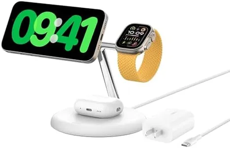 Belkin MagSafe-Compatible 3-in-1 Wireless Charger Stand 15W - Qi2-Certified Wireless Charging Station, Fast Charging iPhone Charger for iPhone 16, AirPods, & Apple Watch - 36W Charger Included - White