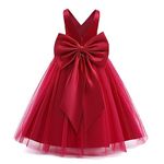 Bridesmaid Dresses for Girls First Communion Dresses V-Neck Back Bowknot Tulle Maxi Long Dress Kids Formal Evening Ball Gown Flower Girl Wedding Junior Bridesmaid Special Occasion Clothing Red 5-6Y