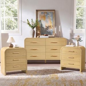 EliteSet 3-Piece Bedroom Set, Curved 6-Drawer Dresser&3-Drawer Nightstands