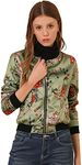 Allegra K Women's Stand Collar Zip Up Floral Prints Bomber Jacket Light Green Small