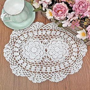 Phantomon Lace Doilies Handmade Crochet Placemats Cotton Doilies Cloth Lace, Pack of 4, Oval Shape, 10 x 14 inch (White)