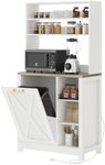 DWVO Bakers Rack Microwave Stand Cabinet with Trash Can Bin Cabinet and Power Outlet, 6-Tiers Farmhouse Kitchen Tall Thickened Coffee Bar Table Station with Storage Shelf (White)