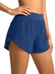 Soothfeel High Waisted Athletic Running Shorts for Women Dolphin Shorts High Split Quick Dry Gym Workout Shorts with Liner (Deep Blue, Medium)