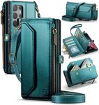 Strapurs Crossbody Wallet Case Compatible with Samsung Galaxy S22 Ultra 5G RFID Blocking 10-Card Holder Soft PU Leather Magnetic Snap Strap Zipper Pocket Phone Case Fit for Galaxy S22 Ultra,Bluegreen