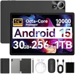 URAO Tablet｜14 inch Android 15 Tablet｜30GB RAM 256GB ROM｜1920 * 1200 IPS FHD｜10000mAh 30W Fast Charging｜Octa-core Processor｜Wi-Fi 6, BT 5.4｜Dual Camera with Keyboard｜Mouse｜Stylus｜Case｜Headphone