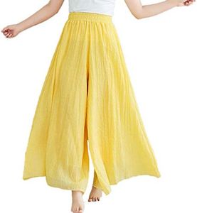 Flygo Women's Pull-On Elastic Waist Wide Leg Linen Pant Palazzo Pants Culottes (Length - 95CM, Yellow)