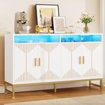 DWVO 55" Sideboard Cabinet with LED Light & Power Outlet, Modern Buffet Cabinet with Storage, Kitchen Storage Cabinet with Carved Design Door for Living Room, Hallway, White/Gold