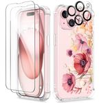 GVIEWIN for iPhone 15 Case, [5 in 1] with 2X Screen Protector & 2X Camera Lens Protector, Clear Soft Shockproof Slim Fit Floral Phone Cover for Women Girls 2023 6.1" (Flourishing Petals/Pink)