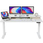 FEZIBO Height Adjustable Electric Standing Desk with Double Drawer, 60 x 24 Inch Stand Up Table with Storage Shelf, Sit Stand Desk with Splice Board, White Frame/White Top