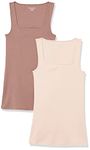 Amazon Essentials Women's 2-Pack Slim Fit Square Neck Tank, Light Beige/Dark Taupe, Large