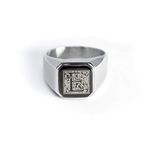 Stainless Steel Letter E Alphabet Initial Floral Box Monogram Engraved Square Flat Top Biker Style Polished Ring, Size 7