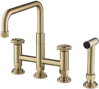 KRAUS Urbix Industrial Bridge Kitchen Faucet with Side Sprayer in Brushed Gold, KPF-3125BG