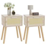 YMYNY Nightstand Set of 2, End Table, Small Bedside Table, Handmade Rattan Decorated Drawer, Solid Wood Legs, Modern Side Table for Bedroom and Small Spaces, Natural UHST010N-2