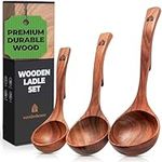 Wooden Ladle Spoon Set, 3 Size Teak Wood Kitchen Serving Spoon with Back Hooks for Pot & Bowl, Non-Stick Wooden Spoon Set for Cooking, Serving and Stirring