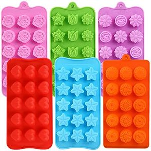 FIRETREESILVERFLOWER Flower Shape Chocolate Candy Molds Set,Heart,The stars,The rose,Flowers in Combination,15 Cavity Silicone Baking Mold Ice Cube Tray-Wedding,Festival,Parties and DIY Crafts-(6Pcs)