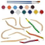 Belle Vous Unfinished Wooden Snake Toys (10 Pack) - Blank Canvas Wiggly Snake with Paint and Brushes - Jointed Flexible Toys for Halloween/Birthday Party, Trick Prop, Kids Animal Model Arts and Crafts