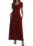 HAOMEILI Women's Short Sleeve Loose Plain Long Maxi Casual Dresses with Pockets L Wine Red