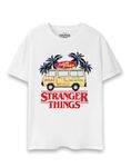 Stranger Things Unisex T-Shirt | Adults Surfer Boy Pizza Short Sleeve Graphic Tee in Black | Vintage Classic 80's Palm Tree Camper Van Old School Apparel Top | Netflix TV Show Merchandise Gift