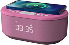 i-box Bedside Alarm Clock Radio Non Ticking with USB Charger, Bluetooth Speaker, QI Wireless Charging & Dimmable LED Display - Mains Powered (Pink)
