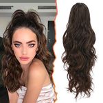BARSDAR Claw Clip Ponytail Extension - 20 Inch Long Wavy Ponytail Hair Extensions for Women - Ombre Brown Synthetic Clip in Pony Tails Hairpieces Girls Daily Party - Black Ombre Brown