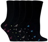 Sock Snob - 5 Pairs Mulitpack Womens/Ladies Black Cotton Socks with Heart & Pink Bows Colour Motif Size 4-7 (4-8, Black)