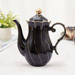 DUJUST British Style Porcelain Teapot (40oz), Luxury Ceramic Teapot with Golden Trim, Food Grade Teapot with Built-in Filter, Beautiful Teapot for Tea Party & Home Décor-Black