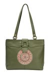 TANN IN Women Genuine Leather Ladies Handbag - Handmade With Shantiniketan Motif Print (Olive Green)