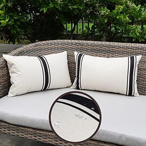 ONWAY Outdoor Pillow Covers Waterproof 12X20 Set of 2 Lumbar Throw Pillow Cover Beige and Black Striped Outdoor Pillows for Patio Furniture