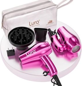 LURA Mini Portable Travel Hair Dryer:Dual Voltage Small Lightweight Blow Dryer with EU Plug,1200W Compact Hairdryer with Folding Handle,with Concentrator&Diffuser Attachment,for Women and Men