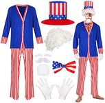 Mepase 8 Pcs USA Uncle Set Men's Patriotic USA Uncle Costume Kit Including Red Blue Pants Bow Ties Cardigan White Glove Wig Top Hat Self Adhesive Fake Eyebrows Beard for Independence Day Cosplay Party