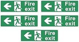 Pack of 5 self adhesive vinyl Fire exit signs (left arrow) - 315mm x 105mm