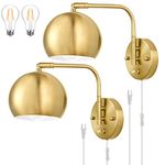 VATONI Plug in Wall Sconces, Dimmable Wall Sconce Swing Arm Wall Lights with Plug in Cord and Dimmer On/Off Knob Switch, Brushed Brass Globe Wall Light for Bedside Bedroom Bathroom(2 Bulbs Included)