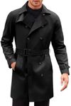 Runcati Mens Trench Coat Double Breasted Mid Long Jacket Casual Belted Overcoat Notched Lapel Windbreaker, Black, Large