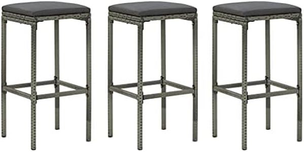 vidaXL Stylish Set of 3 Bar Stools in Grey Poly Rattan with Cushions - Lightweight, Weather-Resistant, Ideal for Indoor and Outdoor Use