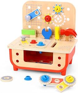 TOOKYLAND Pretend Play Wooden Workbench - 31pcs Builder's Tool Bench Play Set for Kids, Ages 3+