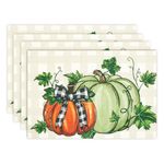 U'Artlines Fall Placemats Set of 4, Thanksgiving Orange Pumpkins Green Leaves Buffalo Plaid Place Mats 12x18 Inch Autumn Harvest Farmhouse Table Mats for Home Holiday Party Dining Table Decor